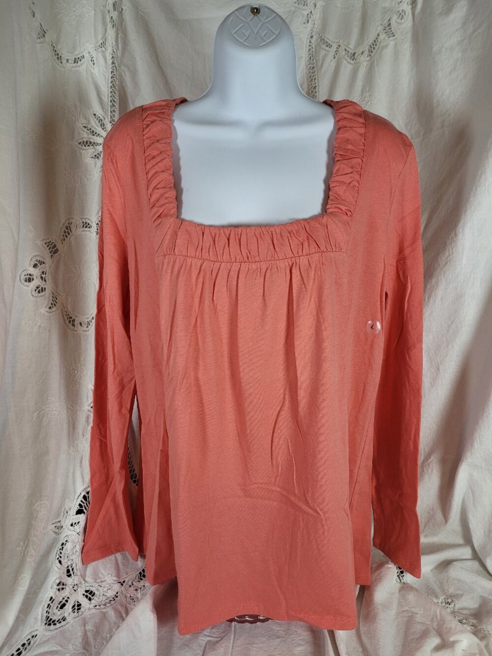 New York & Co NWT Womens Large Top Melon Orange 100% Cotton Long Sleeve Pullover